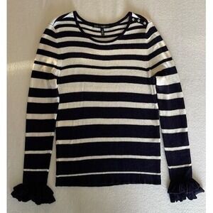 White House Black Market Sweater Women Medium Blue Stripe Knit Button Accent